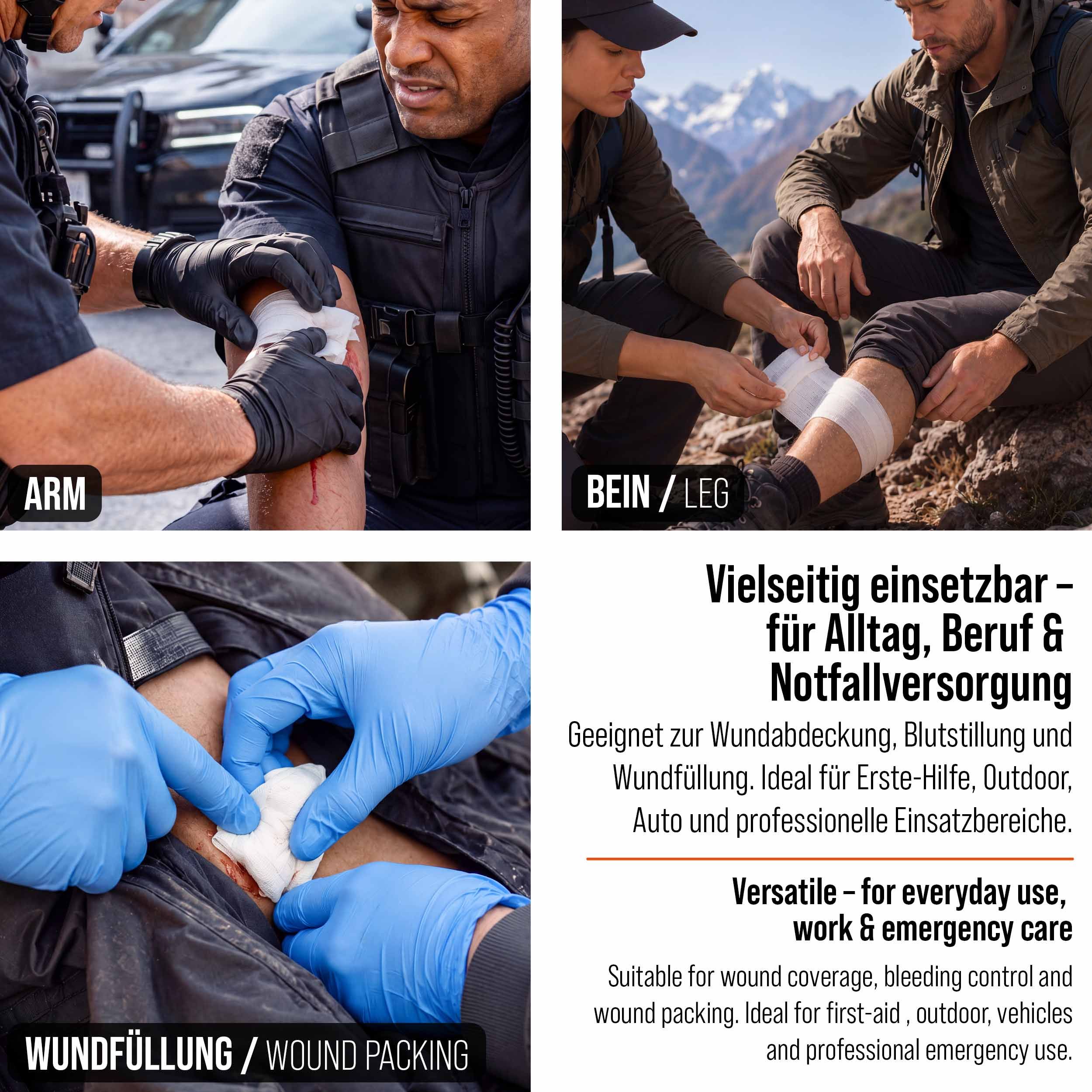 Vier Bilder zeigen Erste-Hilfe-Maßnahmen: Arm- und Beinwunden verbinden, Wundfüllung mit blauen Handschuhen.