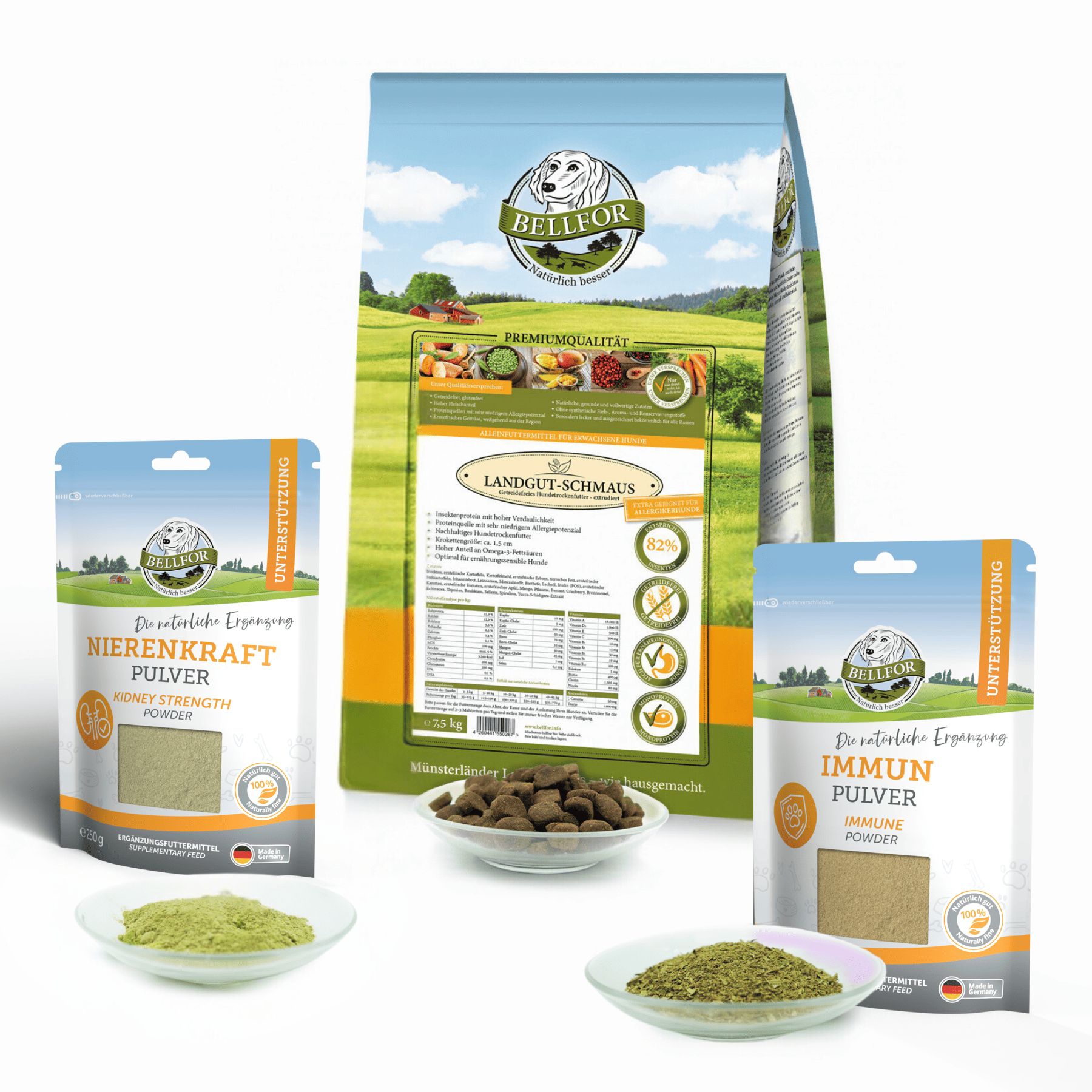 Drei Beutel und eine Tüte mit Bellfor-Produkten. Landgut-Schmaus, Nierenkraft Pulver und Immun Pulver. Futter und Pulver auf Tellern.