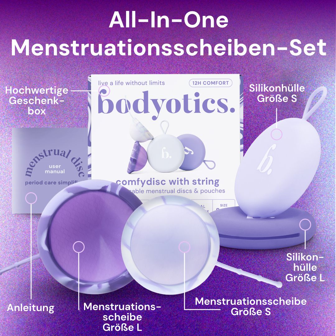 Set mit lila Menstruationsscheiben (S/L), Anleitung und Aufbewahrungsbox.