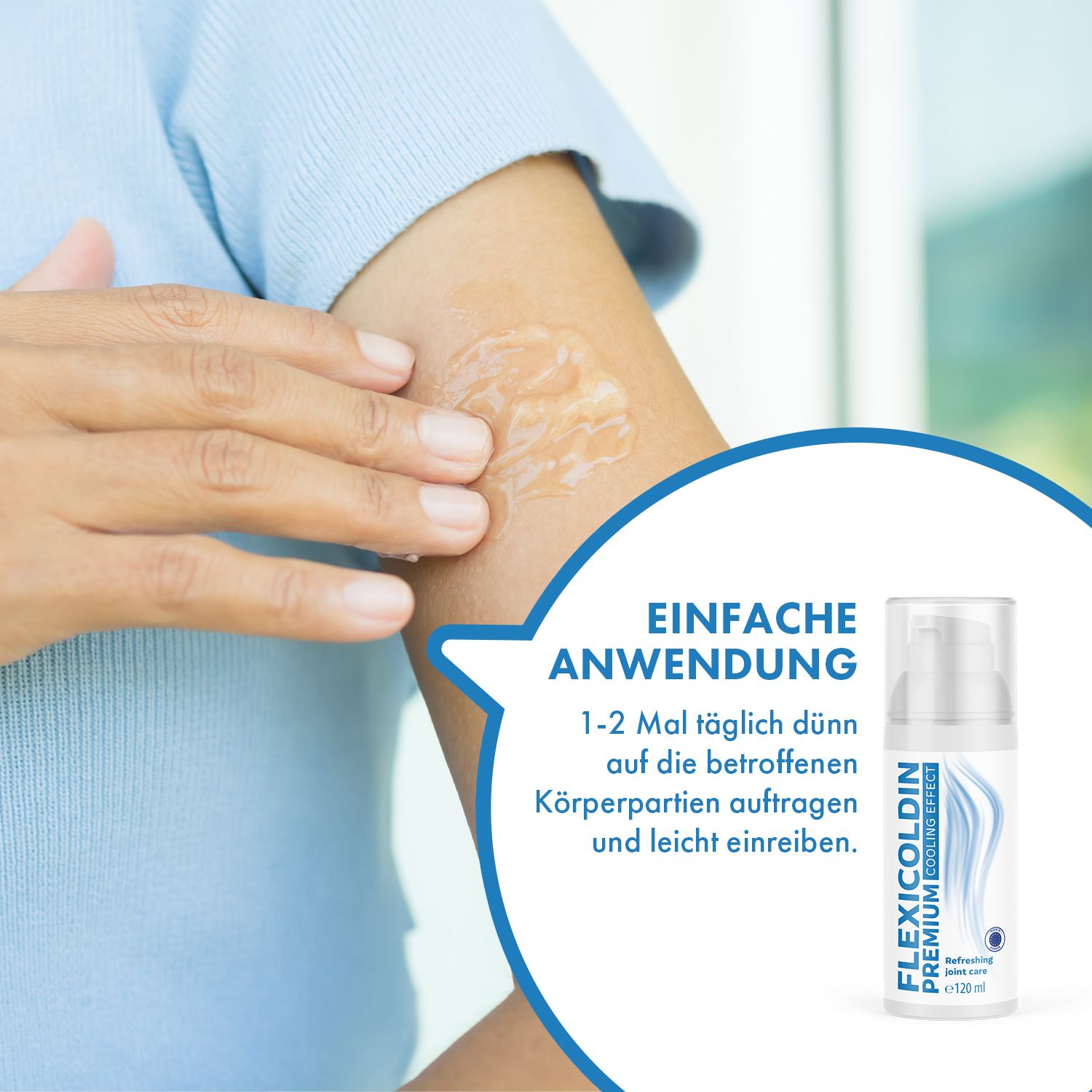 Person trägt Gel auf Arm auf. Flexicoldin Premium Cooling Effect Gel, 120 ml Flasche im Bild. Text: Einfache Anwendung.