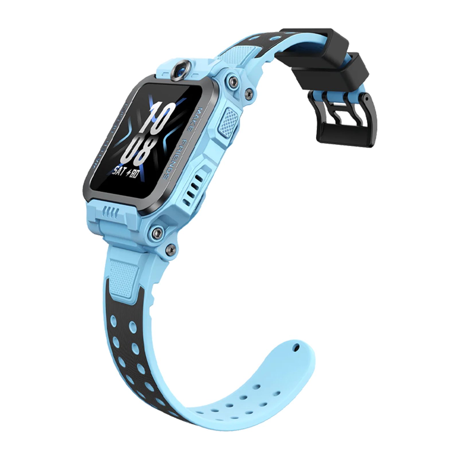 Hellblaues Smartwatch-Armband mit schwarzem Akzent. Digitalanzeige mit Uhrzeit. Seitliche Knöpfe und Kamera. Schwarze Schnalle.