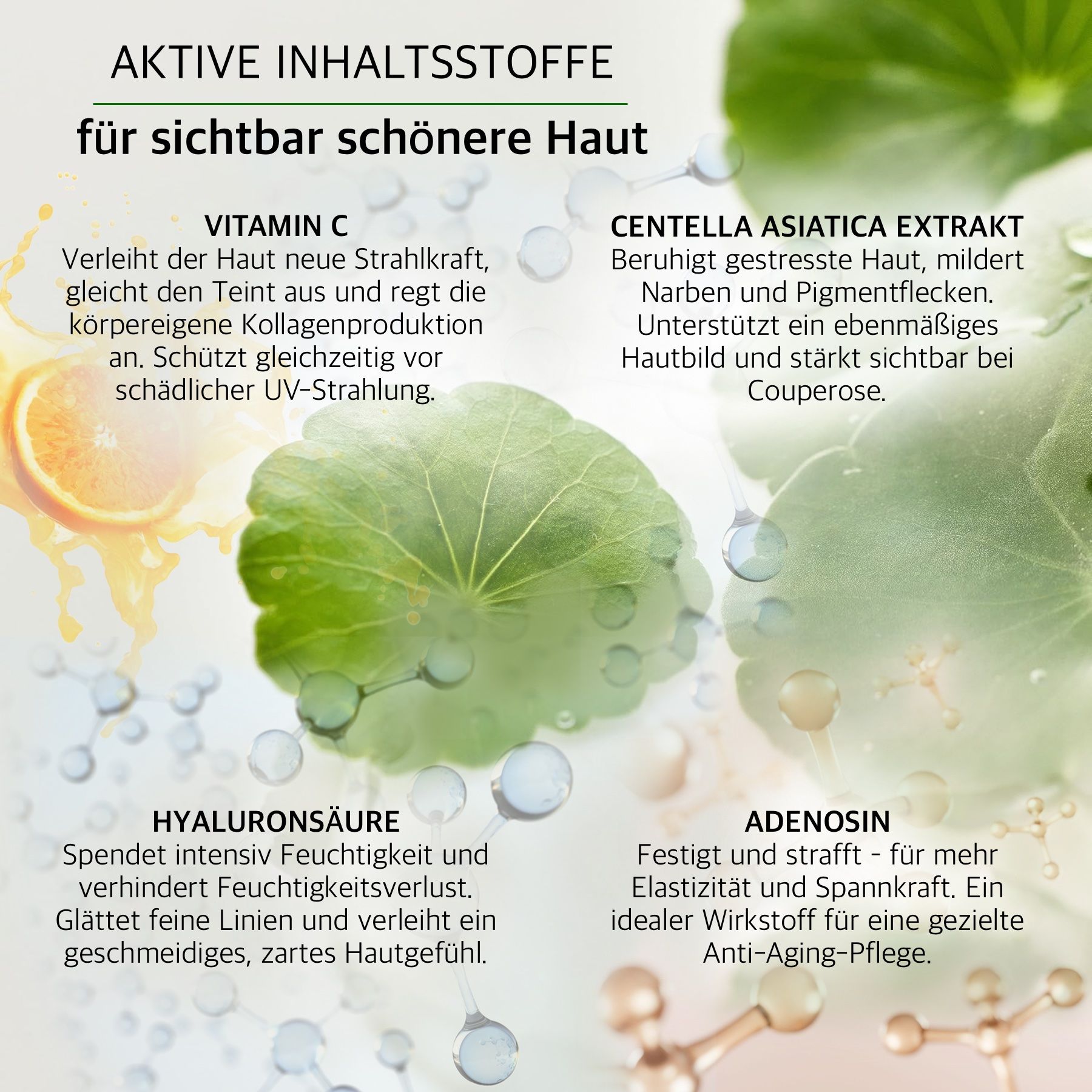 Foglie e testo. Testo: Ingredienti attivi: Vitamina C, Centella Asiatica, Acido Ialuronico, Adenosina.
