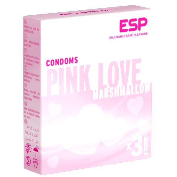 Rosa Kondom-Verpackung. Aufschrift: ESP, Pink Love, Marshmallow. Enthält 3 Kondome. Anweisungen auf der Seite.