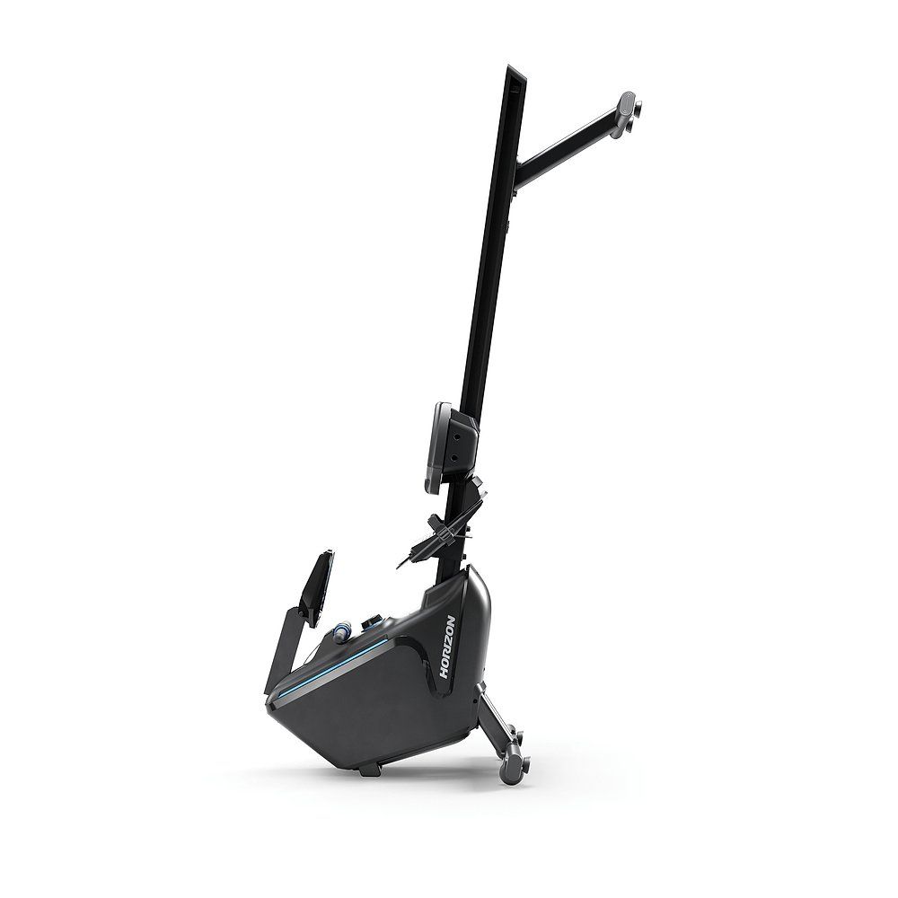 Schwarzer Ruderergometer. Horizon Fitness Logo. Auf weißem Hintergrund.