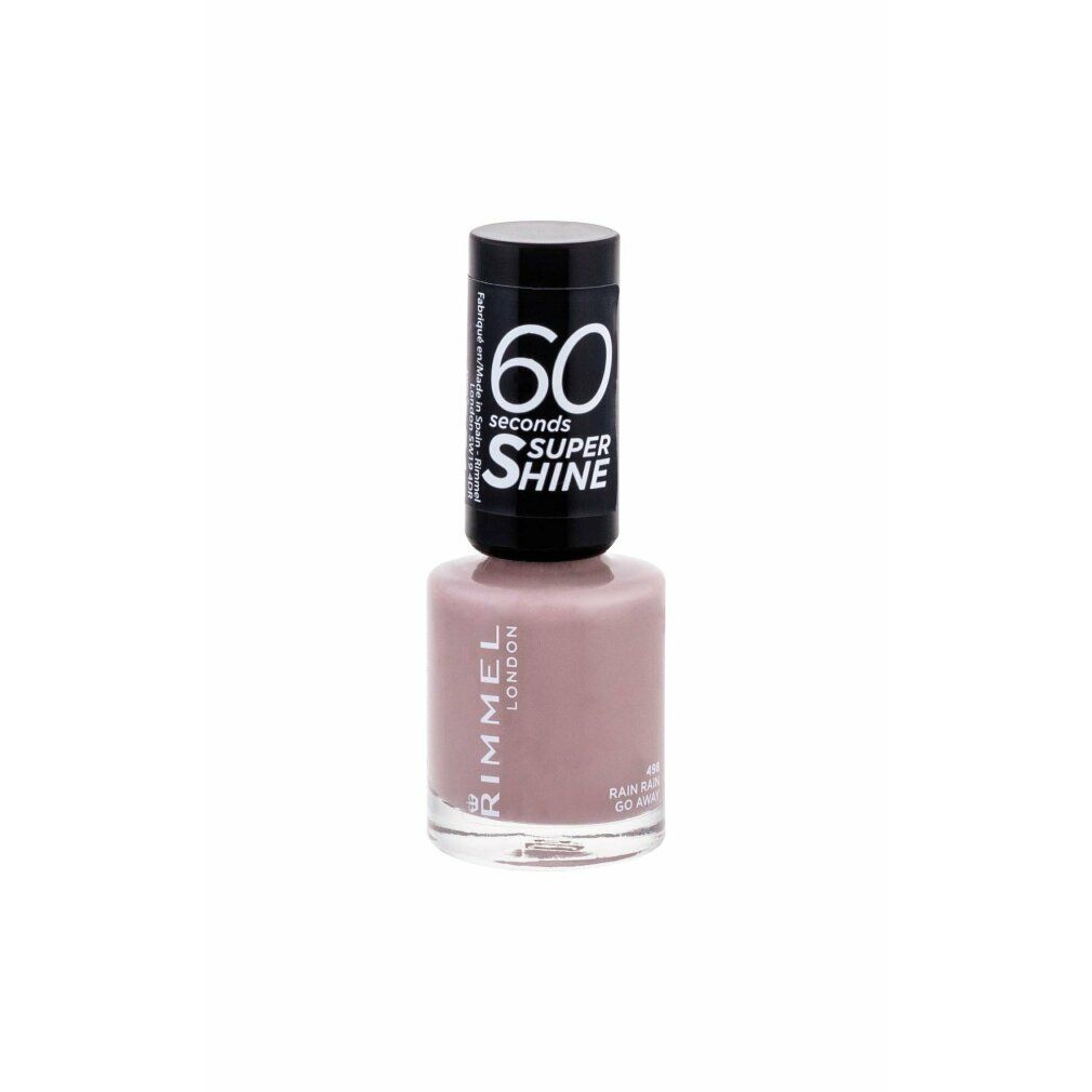 Nagellackflasche, hellgrau. Schwarzer Deckel mit "60 Sekunden Super Shine"-Schriftzug. Marke: Rimmel London. Farbton: 498 Rain Rain Go Away.