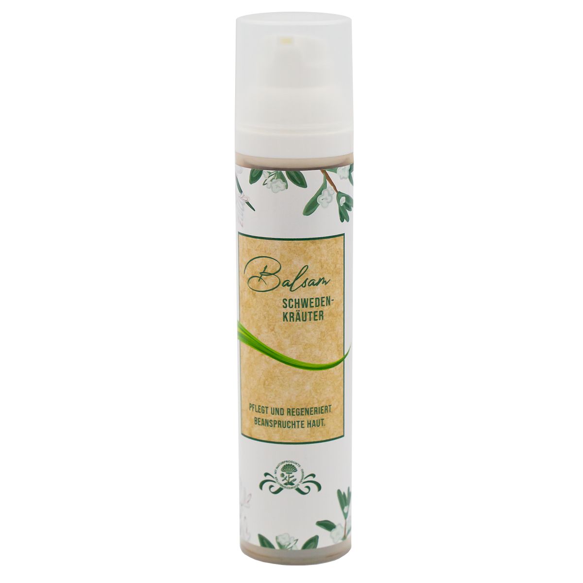 Balsam-Flasche mit weißem Spender. Aufschrift: Balsam Schweden-Kräuter. Grün-beige Etikett mit floralen Elementen.