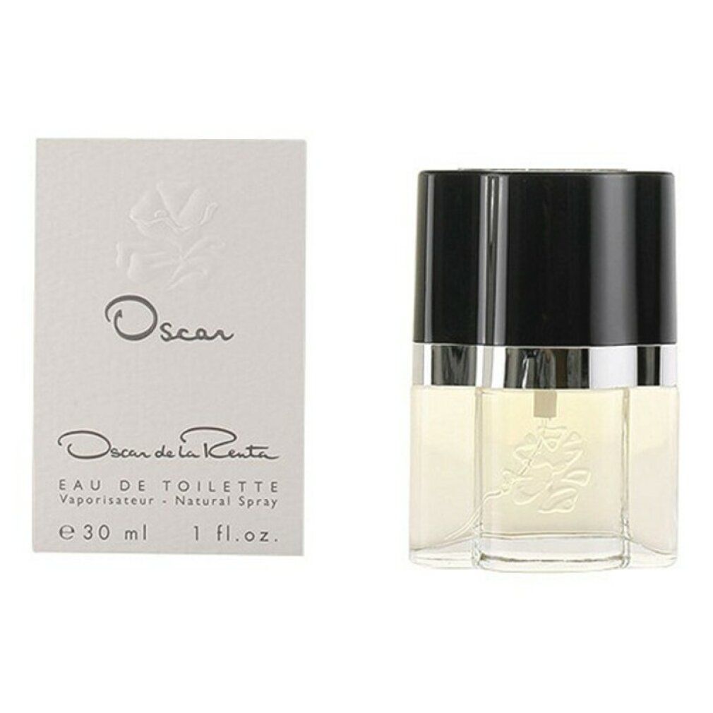 Flakon und Schachtel. Aufschrift "Oscar" und "Oscar de la Renta". "Eau de Toilette". 30 ml. Weiße Verpackung.