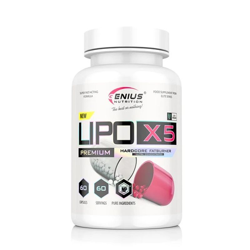 Weiße Flasche mit roter Kapsel. Aufschrift LIPO-X5, Premium, Hardcore Fatburner. Enthält 60 Kapseln. Marke Genius Nutrition.