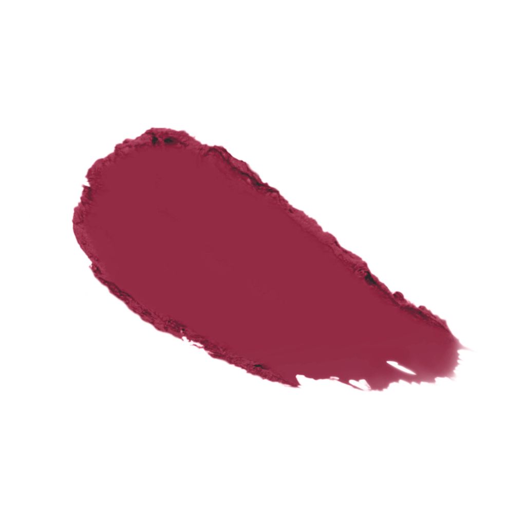 Farbprobe eines Lippenstifts in Burgunderrot. Textur: samtig. Form: unregelmäßig.