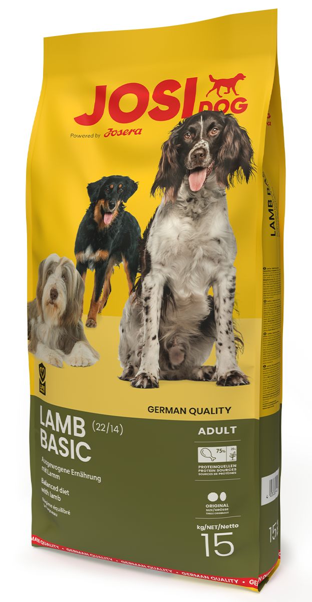 JosiDog Lamb Basic Hundefutter-Beutel. Gelb-grüne Verpackung mit Hundeabbildungen. Enthält 15 kg. Aufschrift: German Quality.