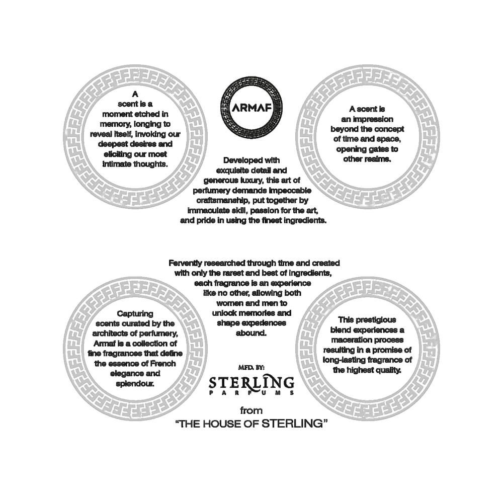 Kreisförmige Textfelder mit Text. Oben: ARMFA-Logo. Unten: „The House of Sterling“-Logo. Text über Duft und Inhaltsstoffe.