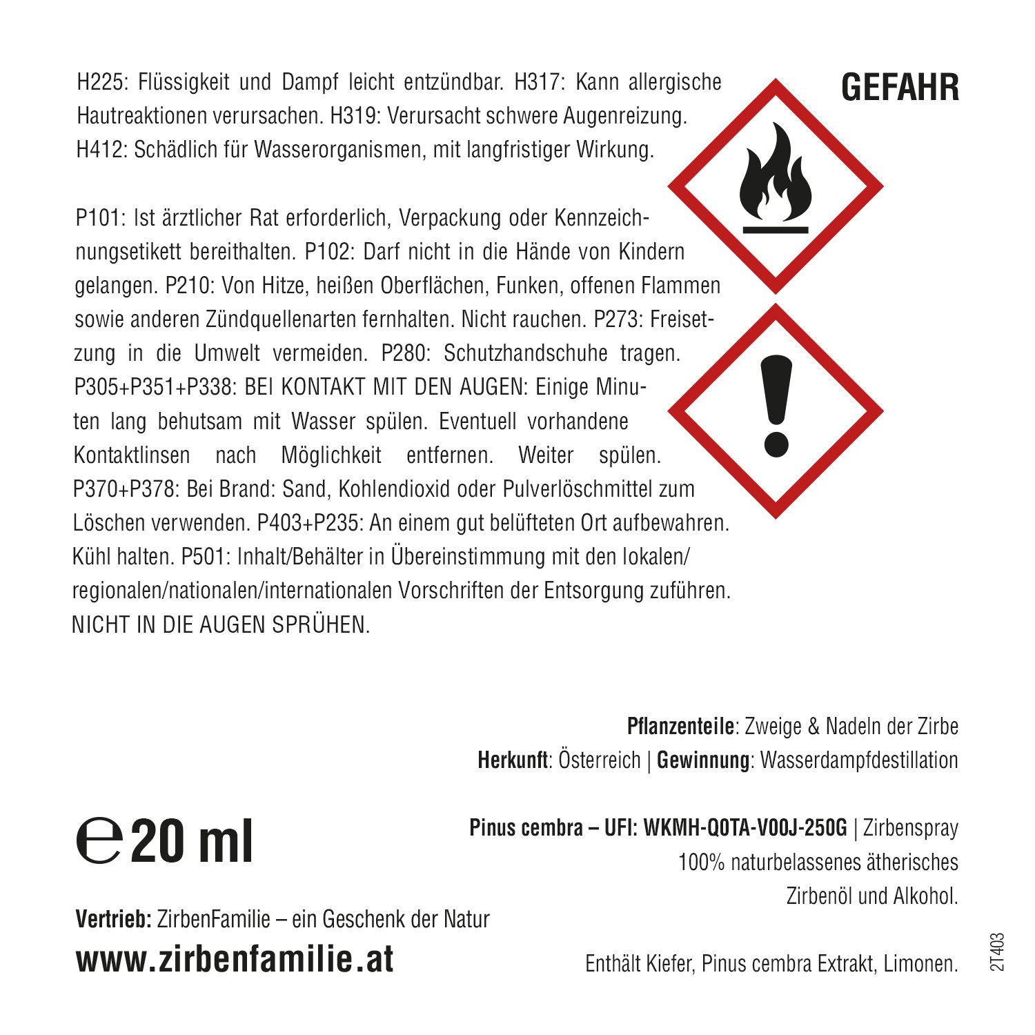 Etikett mit Text, Gefahrensymbolen und Inhaltsangaben. 20 ml. Herstellerinformationen.