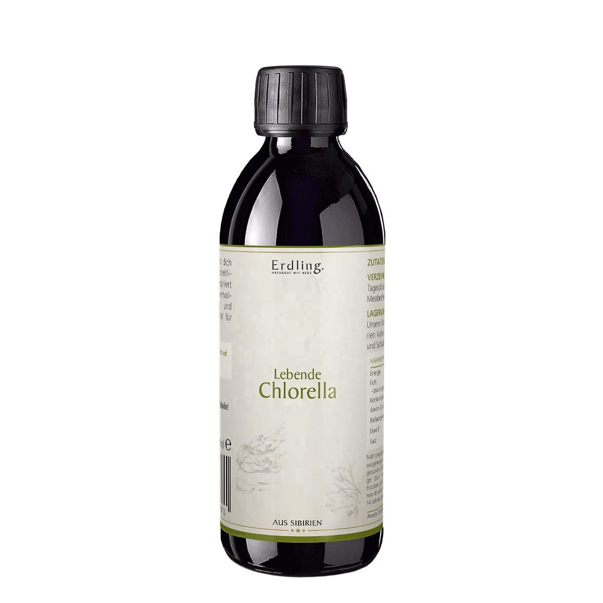 Braune Flasche mit schwarzem Deckel. Auf dem Etikett steht "Erdling Lebende Chlorella".