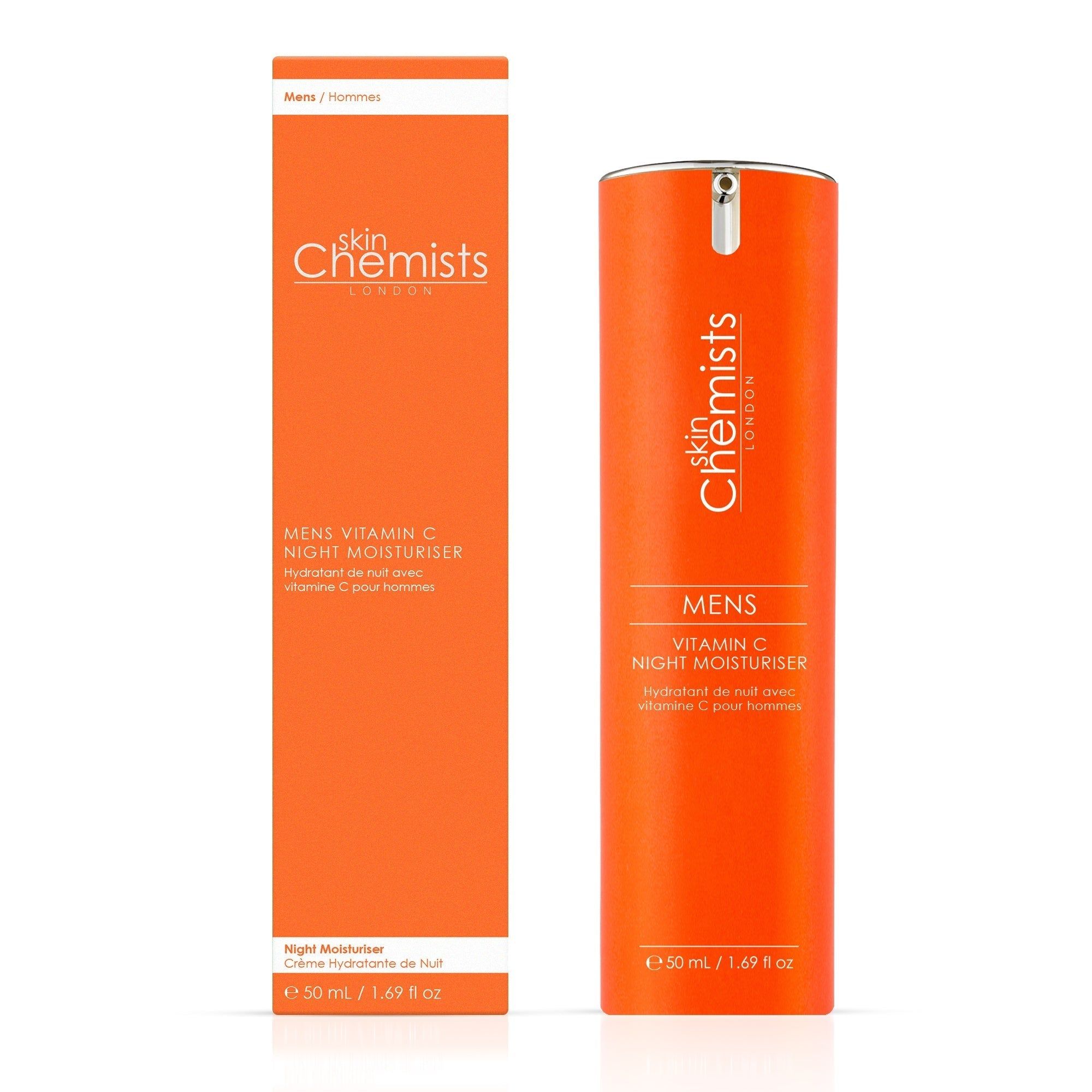 Orangefarbene Flasche und Schachtel mit "MENS Vitamin C Night Moisturiser".