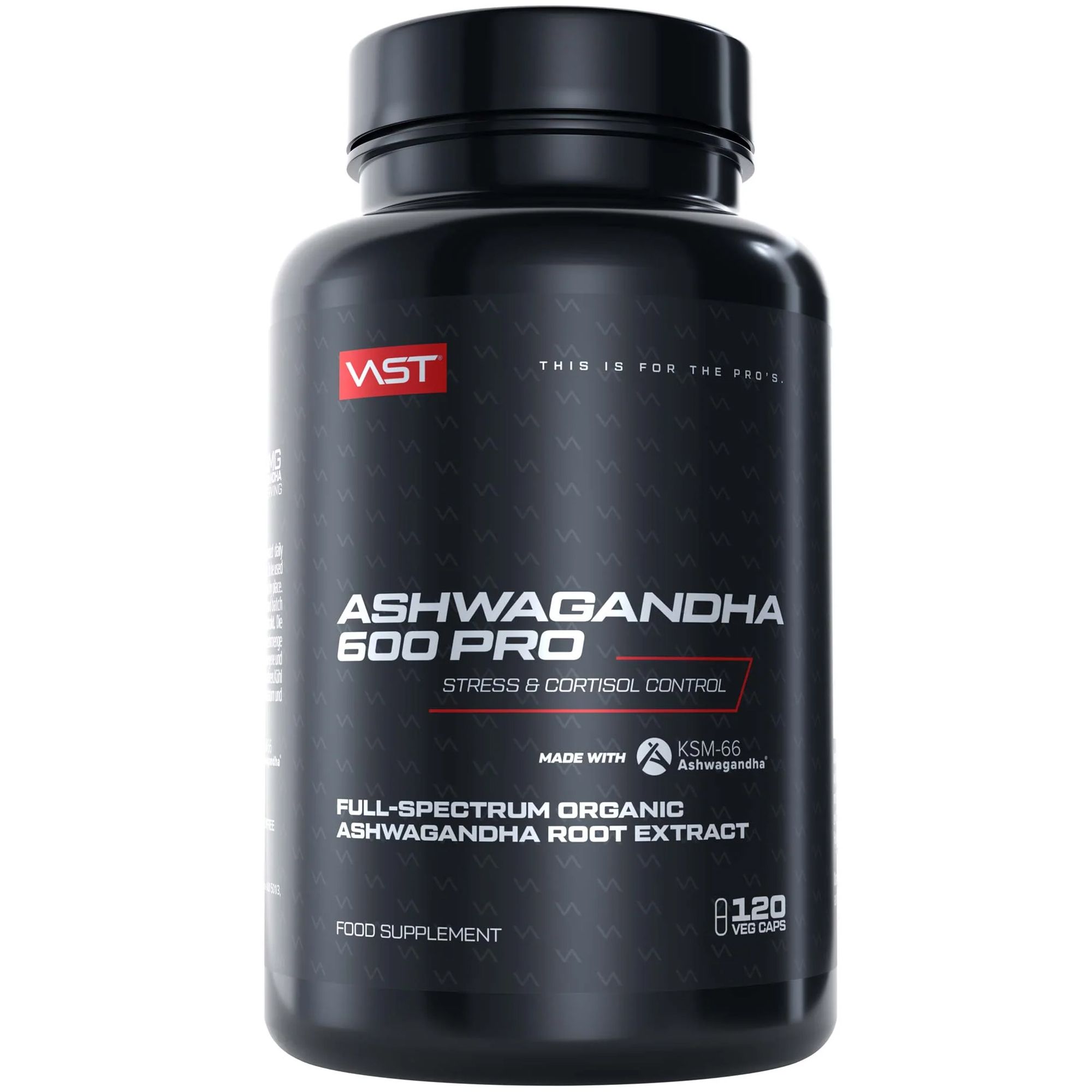 Schwarze Flasche "VAST Ashwagandha 600 Pro". Weißer Text, 120 Kapseln. Schwarzer Deckel.