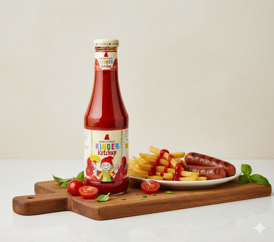 Flasche Zwergenwiese Kinder Ketchup neben Pommes und Würstchen auf einem Holzbrett.