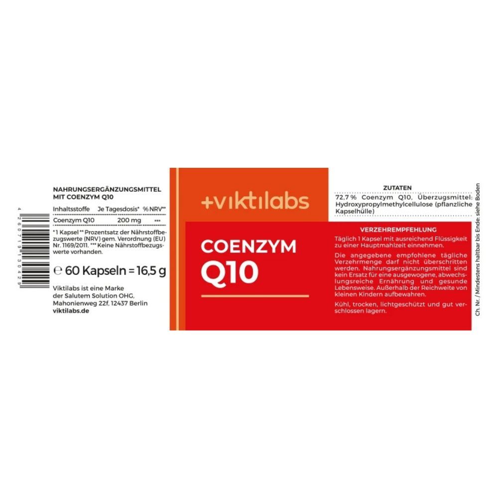 Etikett einer Flasche Viktilabs Coenzym Q10 mit Zutaten und Verzehrempfehlung.