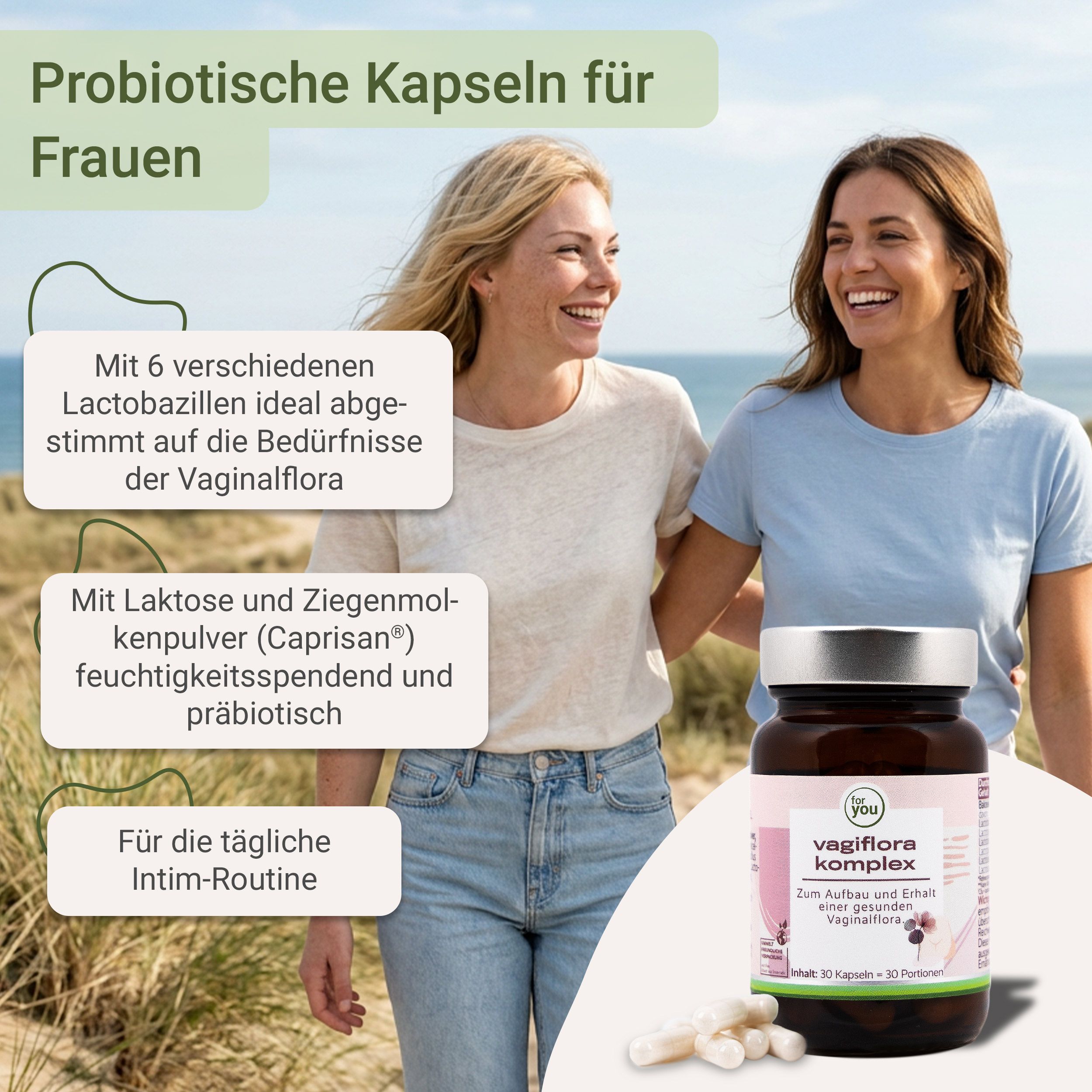 Zwei Frauen gehen am Strand entlang. Daneben steht eine Flasche Vagiflora Komplex mit Kapseln.