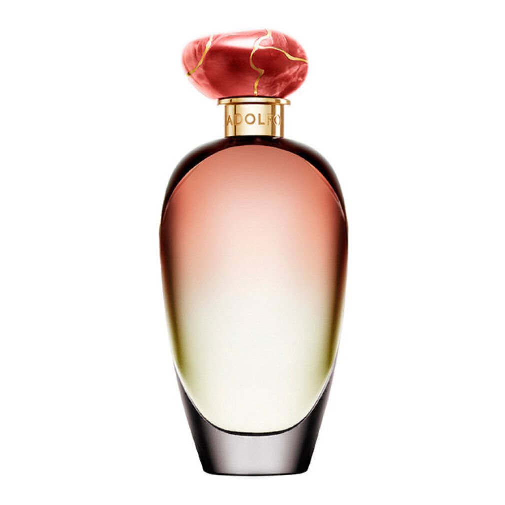 Parfümflasche mit Farbverlauf von rosa nach gelb. Roter Verschluss. Goldfarbener Hals.