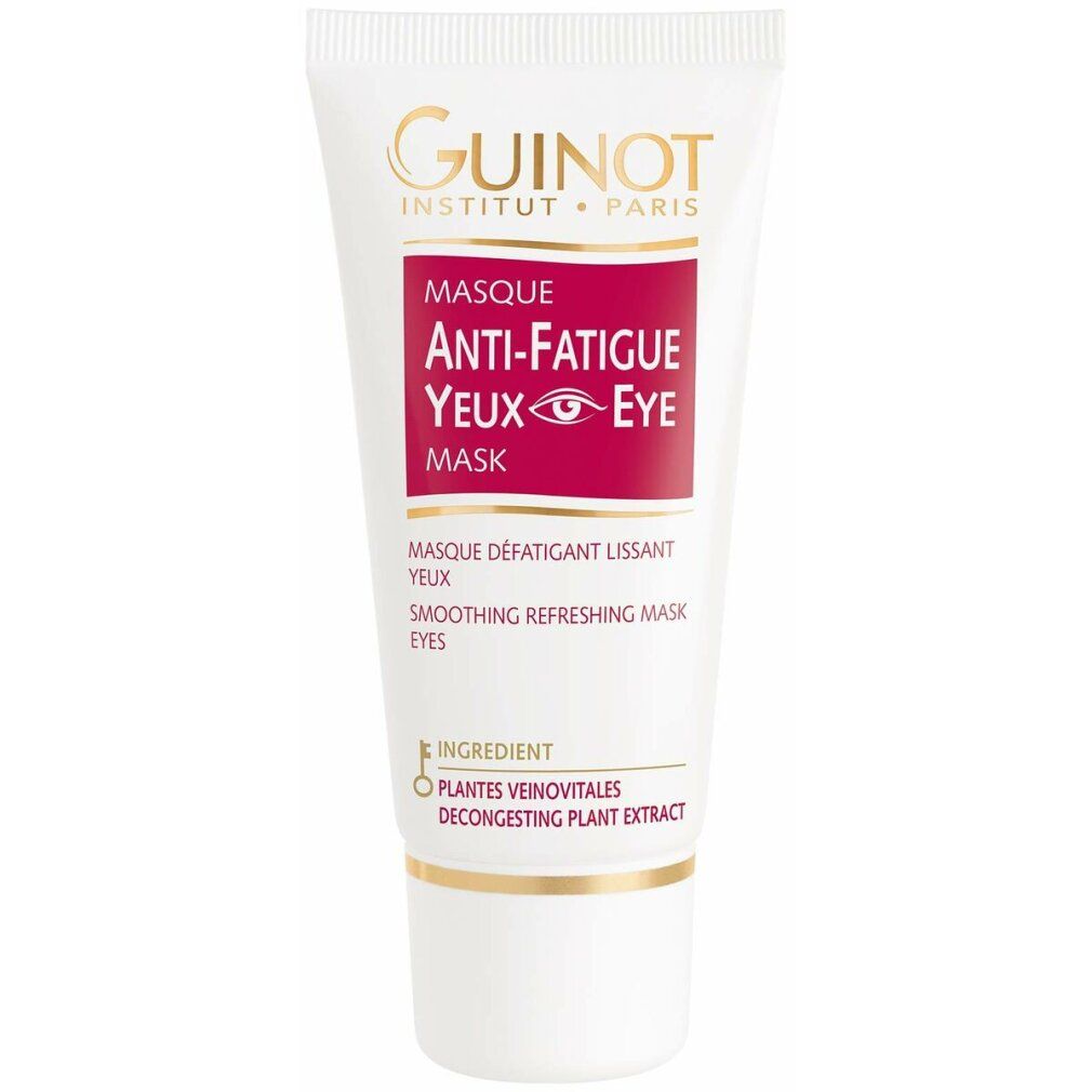Weiße Tube mit Guinot-Logo und Aufschrift "Anti-Fatigue Yeux Eye Mask". Roter Bereich mit Produktinformationen.