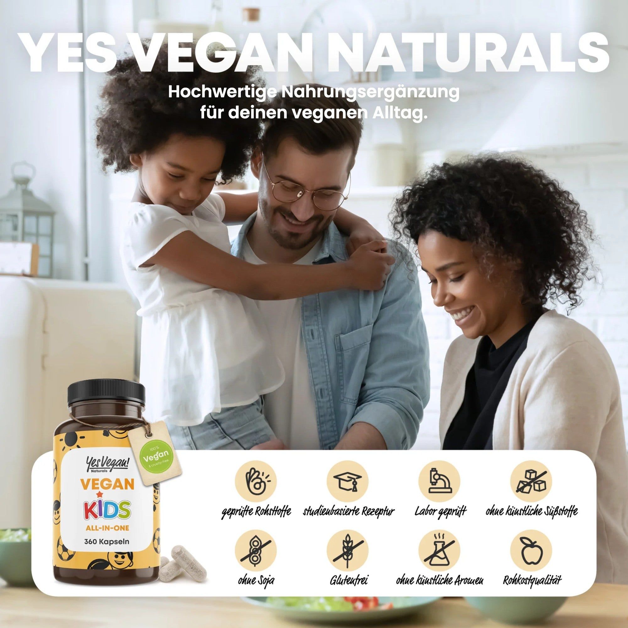 Flasche mit "Yes Vegan! VEGAN KIDS All-in-One" Kapseln, 360 Stück.