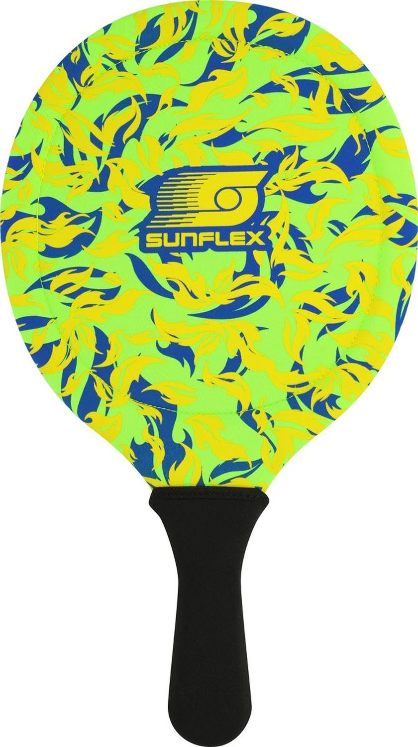 Ein Schläger mit schwarzem Griff. Gelb-blaues Muster und Sunflex-Logo auf der Schlagfläche.