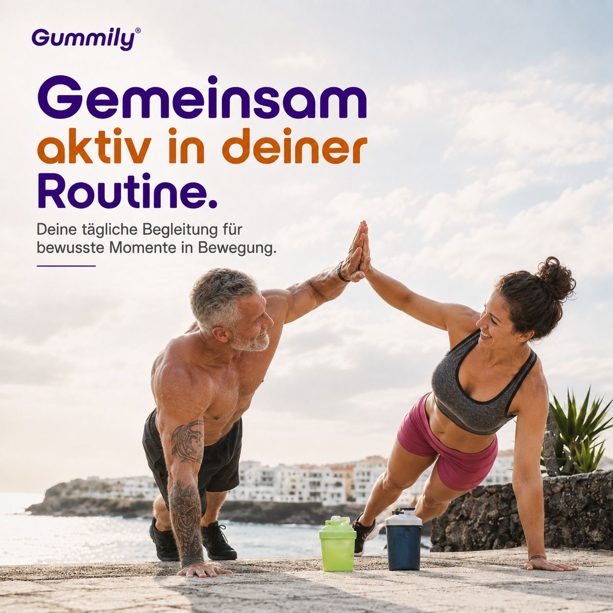 Paar gibt sich High-Five beim Sport. Text: Gemeinsam aktiv in deiner Routine.