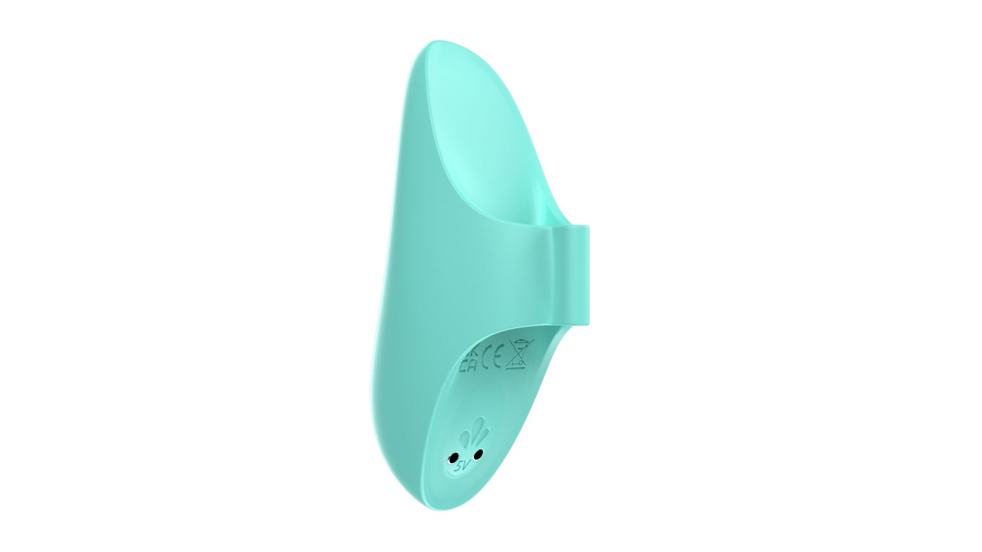 Türkisfarbener Finger-Vibrator. Ergonomische Form mit abgerundeter Spitze und Fingerhalterung. Zwei Knöpfe und CE-Kennzeichnung.