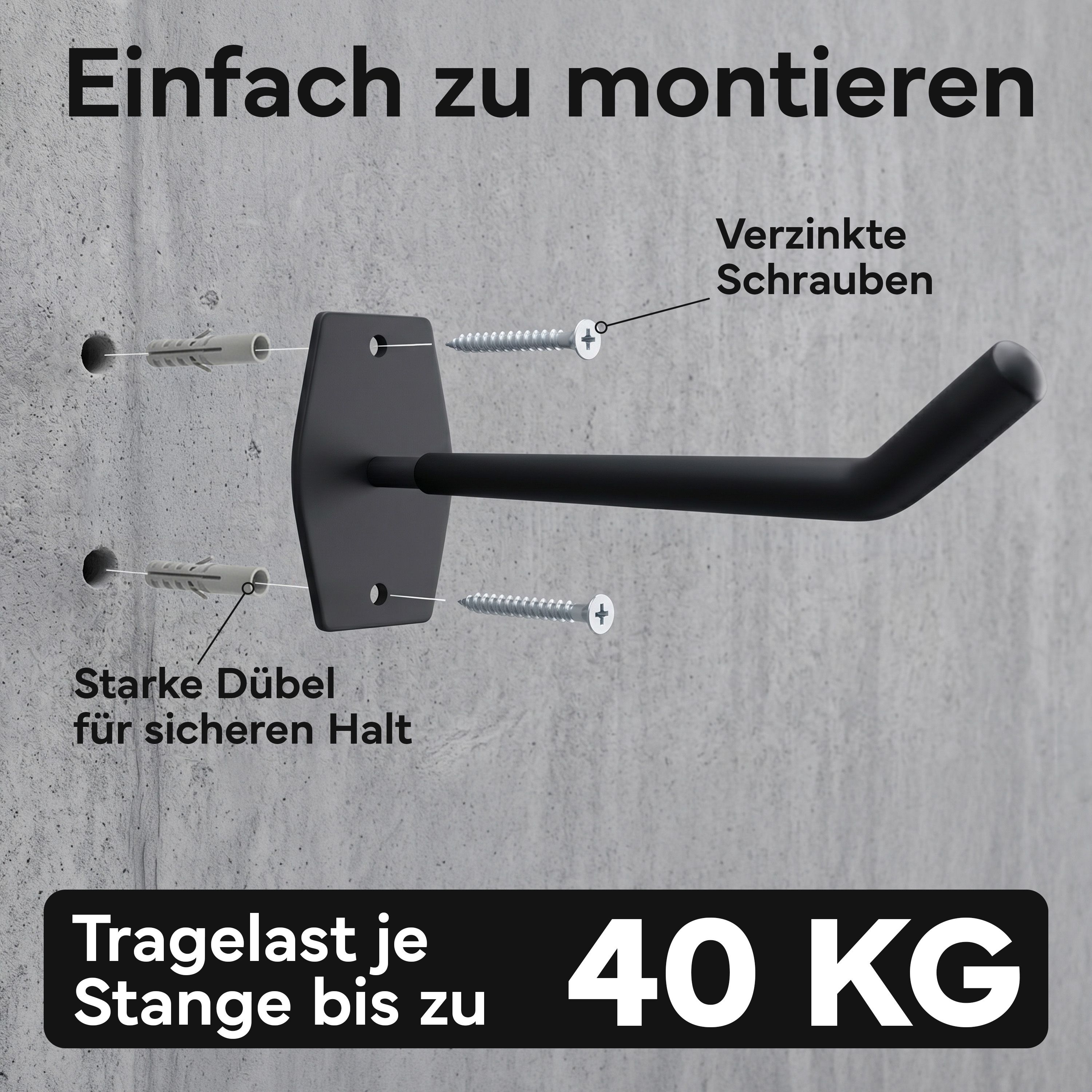 Schwarzer Wandhaken zur Montage mit verzinkten Schrauben und starken Dübeln. Traglast bis 40 kg.