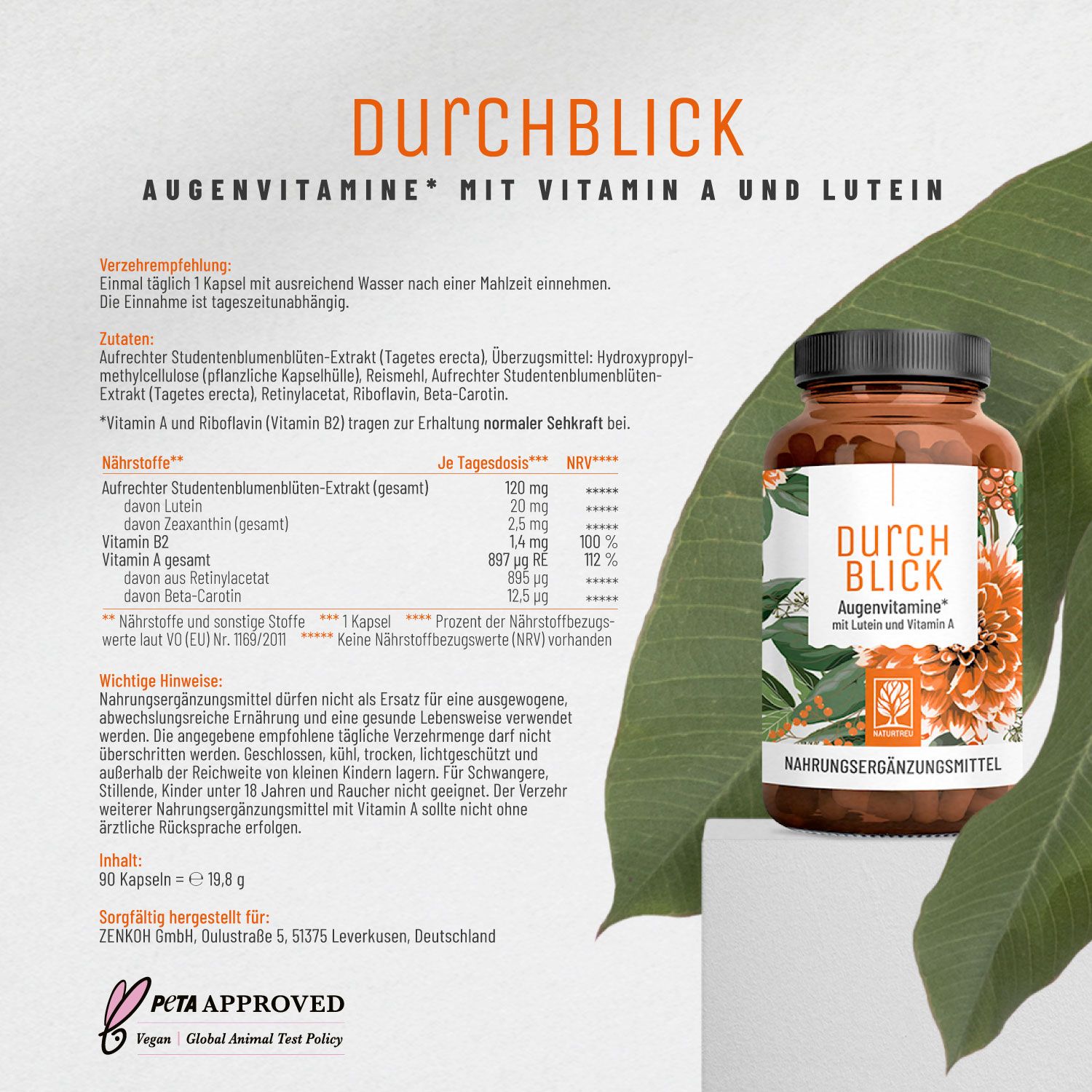 Braune Flasche mit "DURCHBLICK Augenvitamine". Text und Inhaltsstoffe. PETA-Siegel.