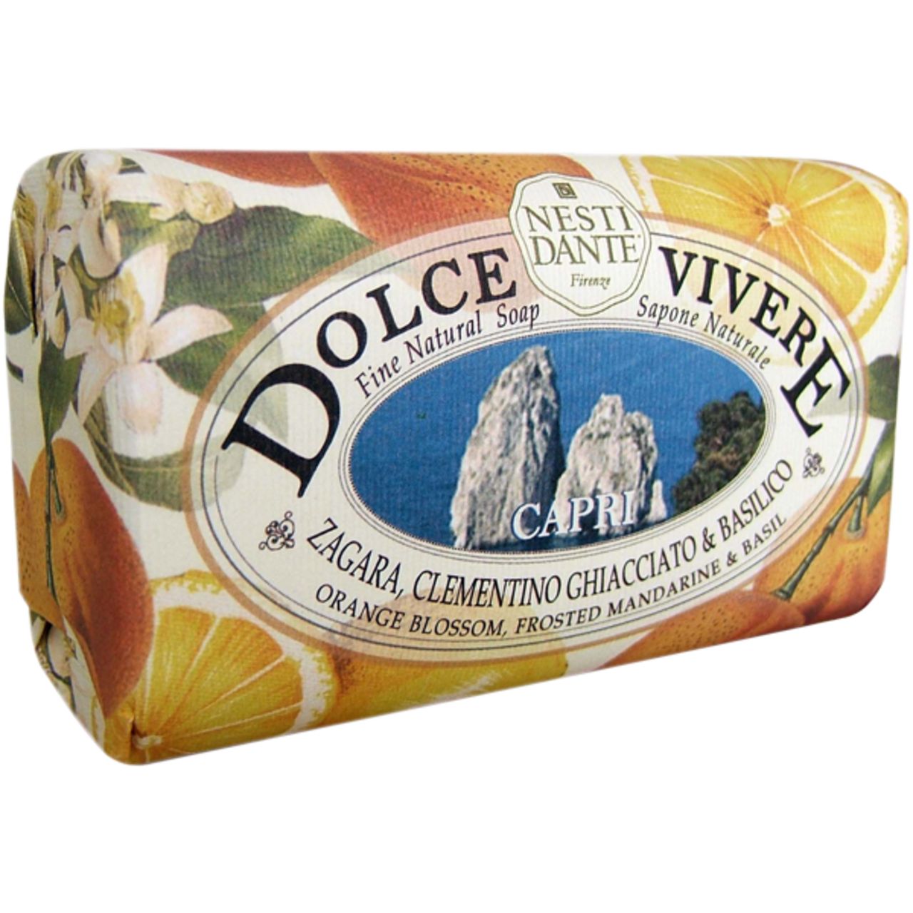 Seife Dolce Vivere Capri, verpackt. Mit Schriftzug, Abbildung von Zitrusfrüchten und Felsen. Nesti Dante.