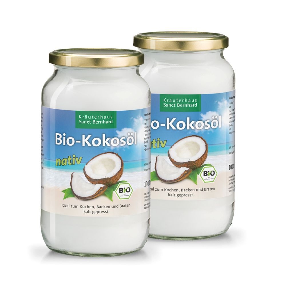 Etikett mit Produktinformationen: Bio-Kokosöl nativ, Nährwerttabelle, Bio-Siegel, Text. Weißer Hintergrund.