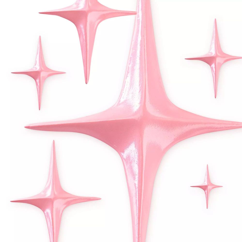 Sechs sternförmige Dekorationen in Rosa. Glänzende Oberfläche, auf weißem Hintergrund.