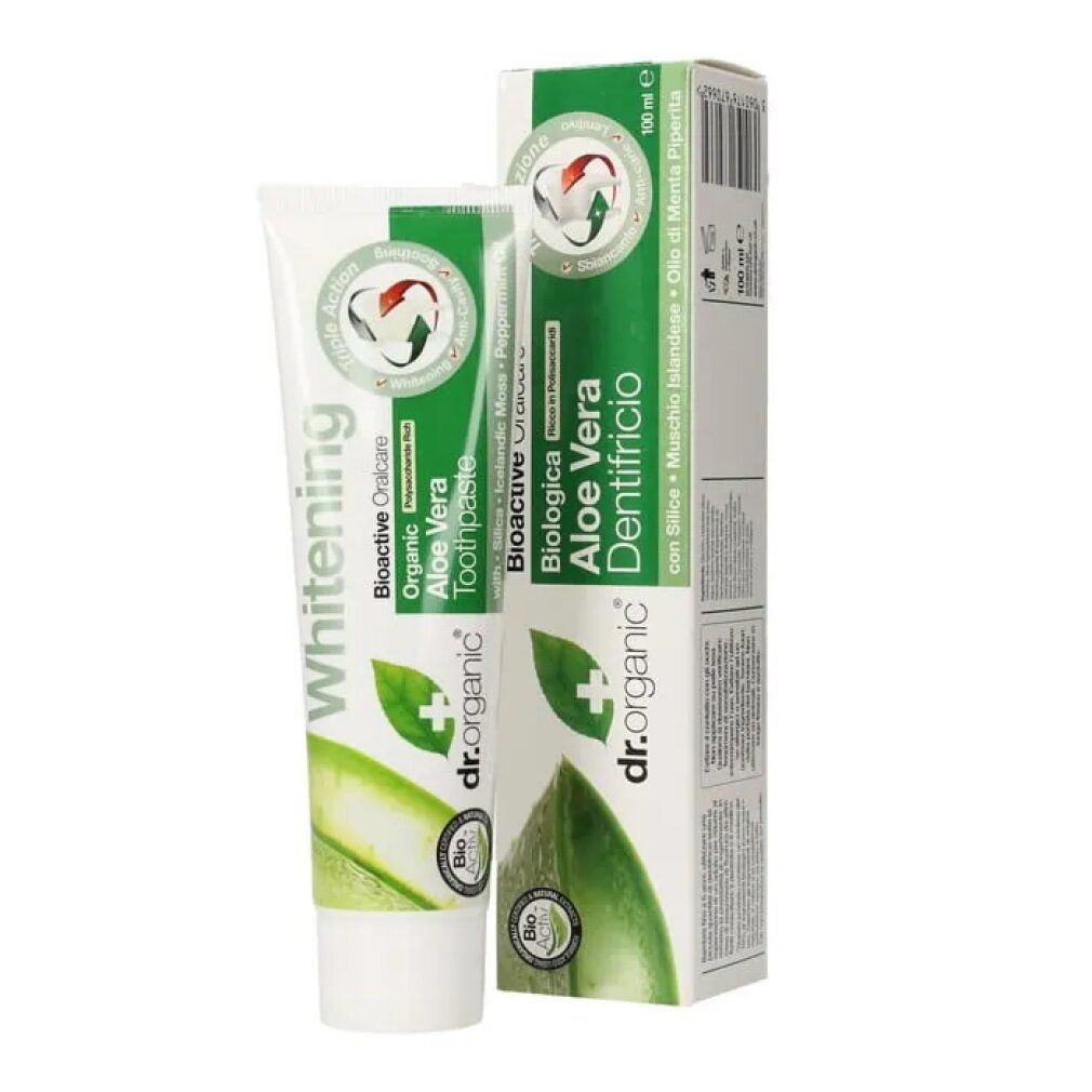 Zahnpasta-Tube und Schachtel. Aufschrift: Organic Aloe Vera Toothpaste. Grün-weißes Design.