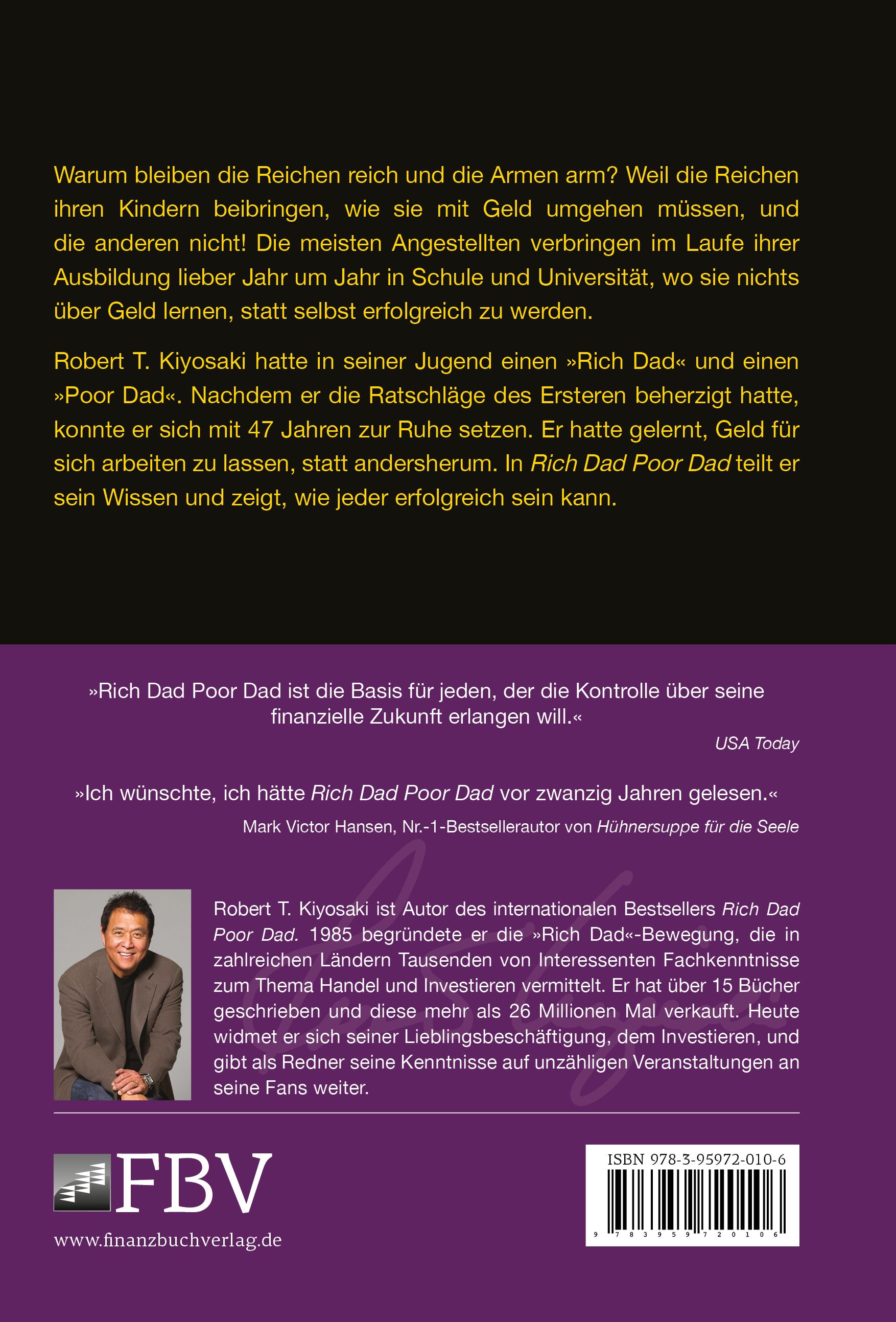 Rückseite von "Rich Dad Poor Dad". Text über Inhalt und Autor. Logo des Verlags FBV. ISBN-Code.