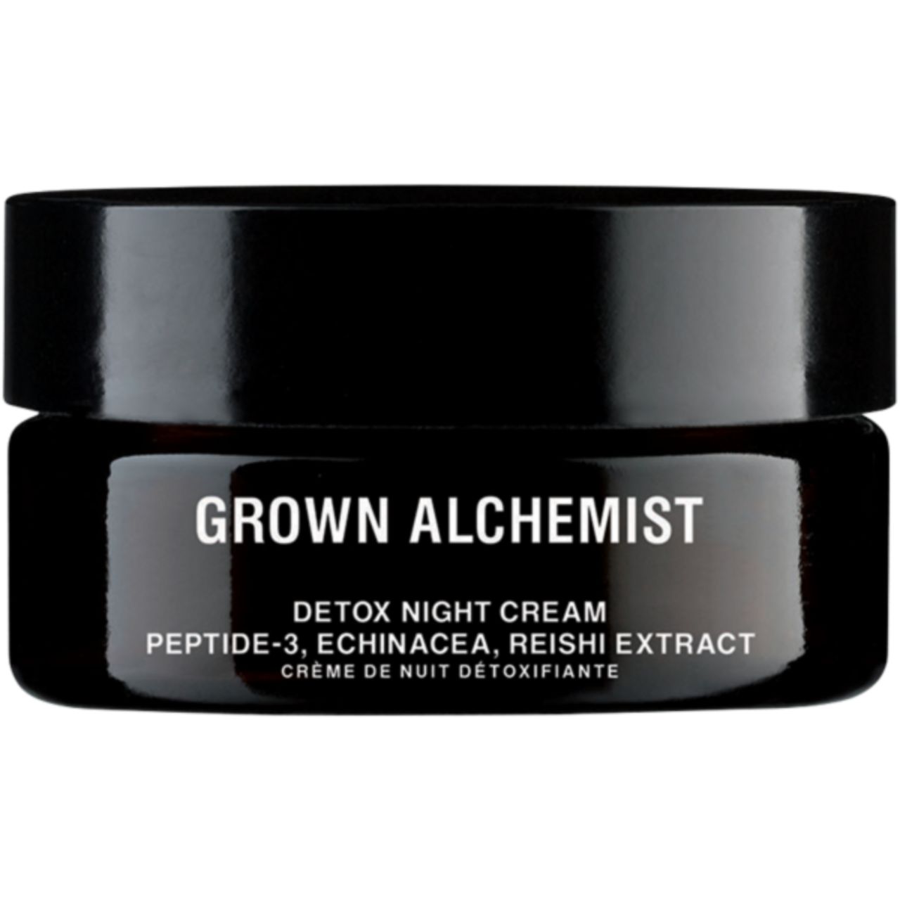 Dunkles Glas mit schwarzem Deckel. Aufschrift: Grown Alchemist, Detox Night Cream. Text darunter: Peptide-3, Echinacea, Reishi Extract.