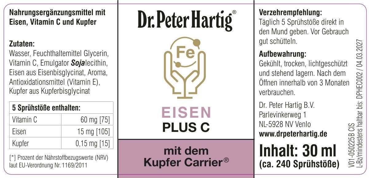 Etikett mit Produktinformationen. Dr. Peter Hartig Eisen Plus C. Inhaltsstoffe, Verzehrempfehlung, Aufbewahrung, Inhalt: 30 ml.