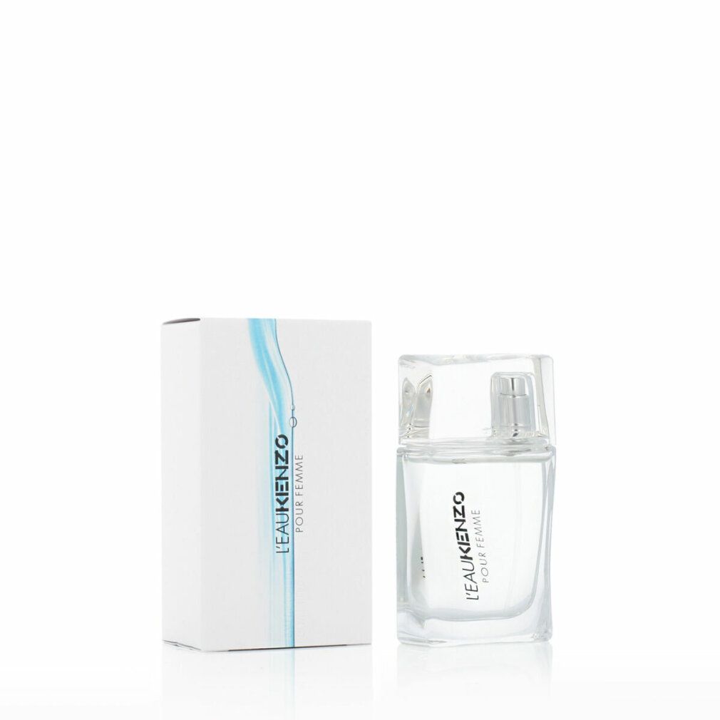 Parfümflasche und Verpackung. Flasche quadratisch, transparent. Verpackung weiß mit blauem Wellenmuster und Text.