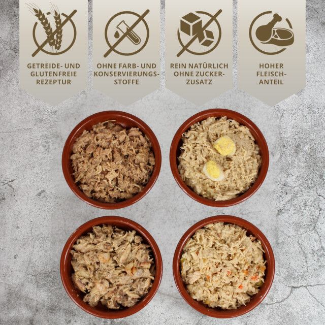 Vier Schalen mit Katzenfutter. Symbole: Getreide- und glutenfreie Rezeptur, ohne Farb- und Konservierungsstoffe, ohne Zuckerzusatz, hoher Fleischanteil.