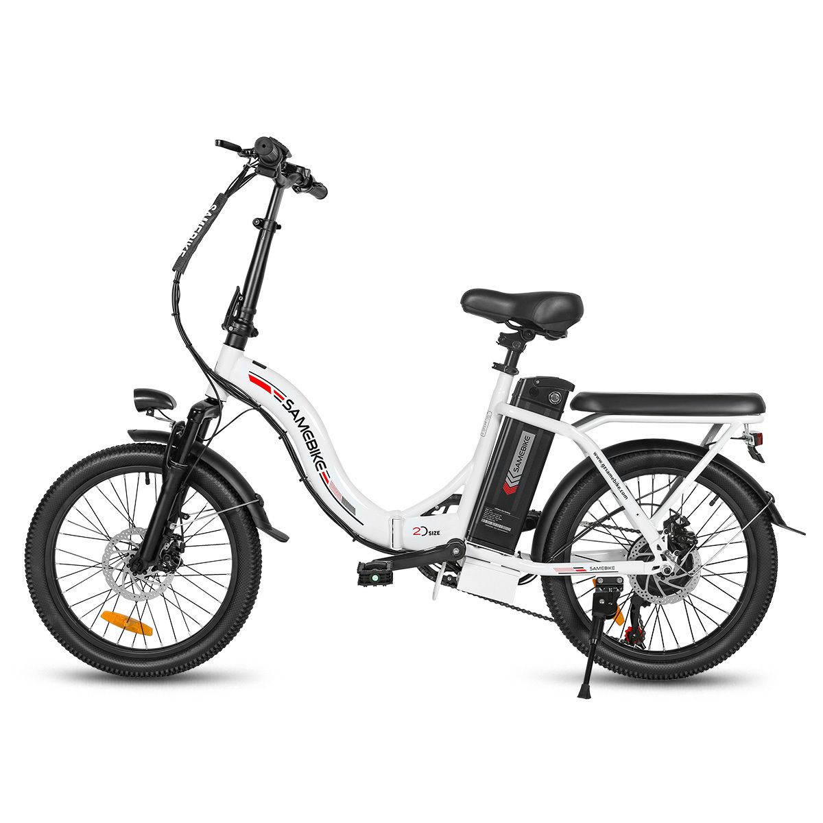 Faltbares E-Bike, weiß, schwarz, mit Gepäckträger und Scheinwerfer. Marke SAMEBIKE.