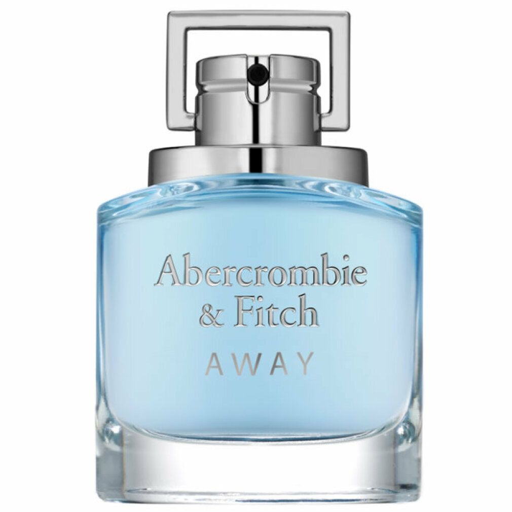 Blaues Glasparfüm mit silbernem Verschluss. Aufschrift: Abercrombie & Fitch AWAY.
