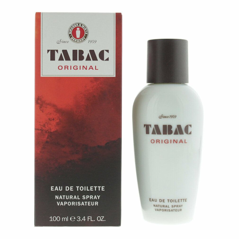 Weiße Flasche mit braunem Deckel und Verpackung. Tabac Original Schriftzug. Eau de Toilette Natural Spray Vaporisateur.