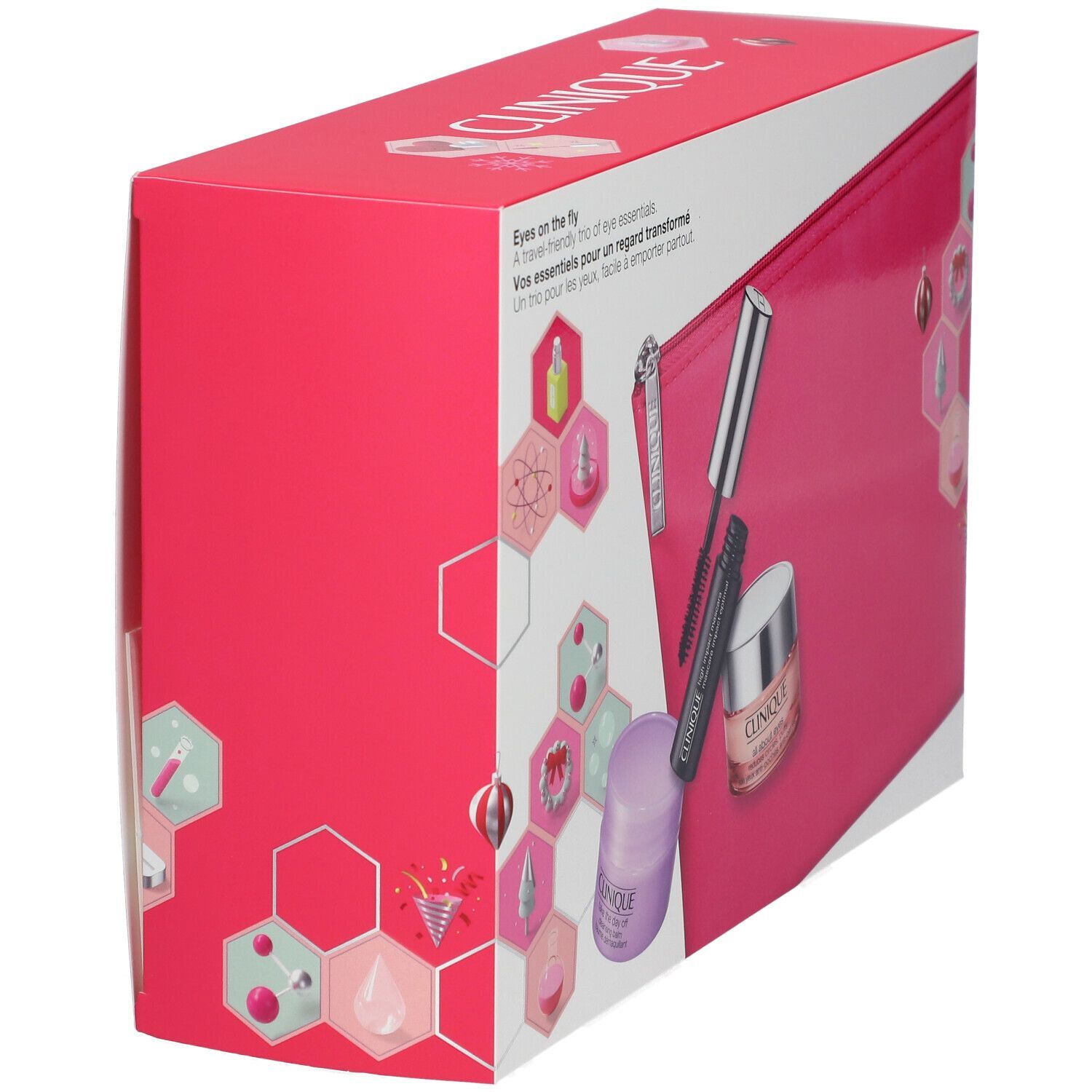 Coffret cadeau CLINIQUE Eyes on the fly. Emballage rose avec trousse de maquillage, mascara, crème pour les yeux et soin des yeux. Vue en angle.