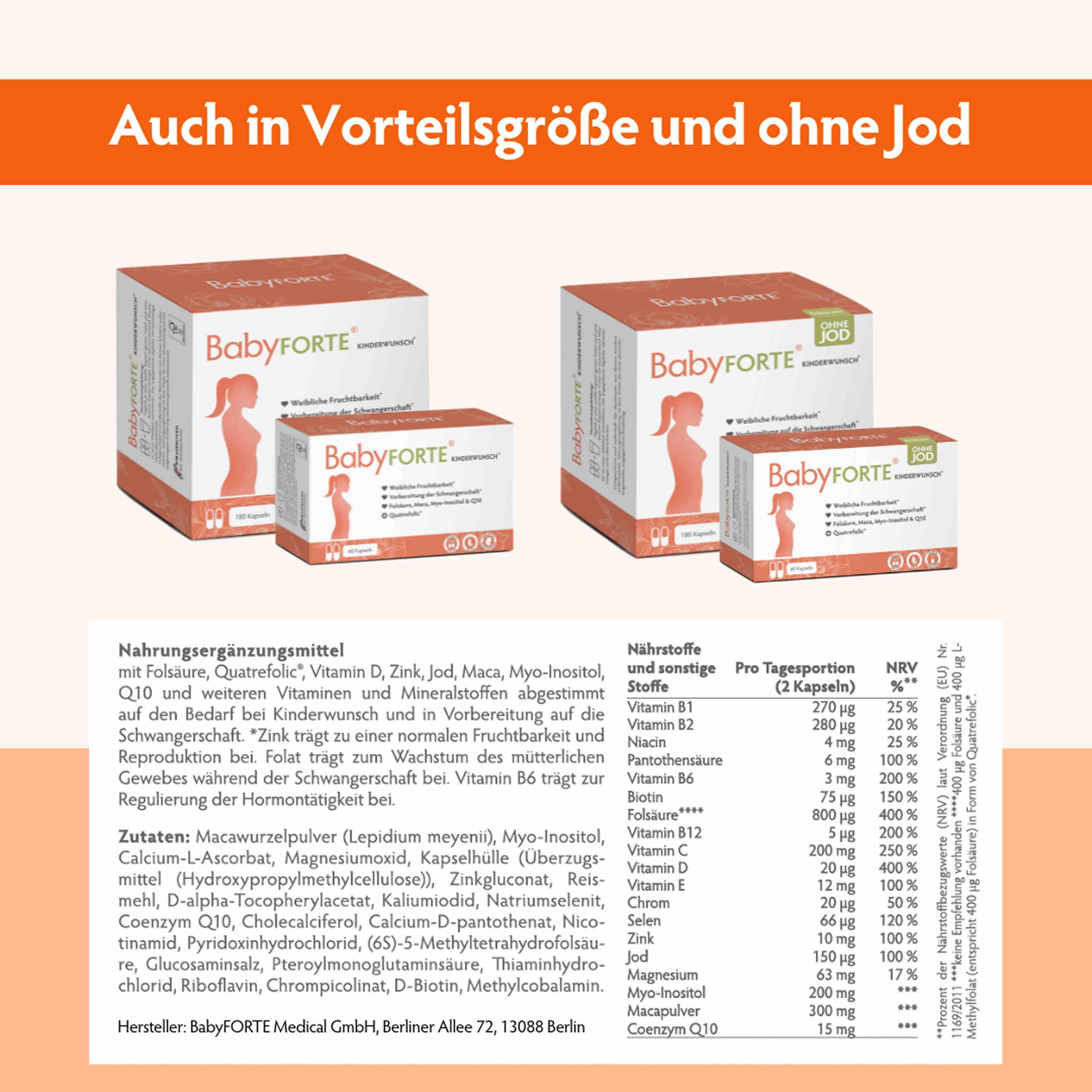 BabyFORTE- und BabyFORTE-Packungen. Text: Auch in Vorzugsgröße und ohne Jod. Text: Nährwertangaben, Zutaten, Hersteller. Tabellarische Nährwerttabelle.