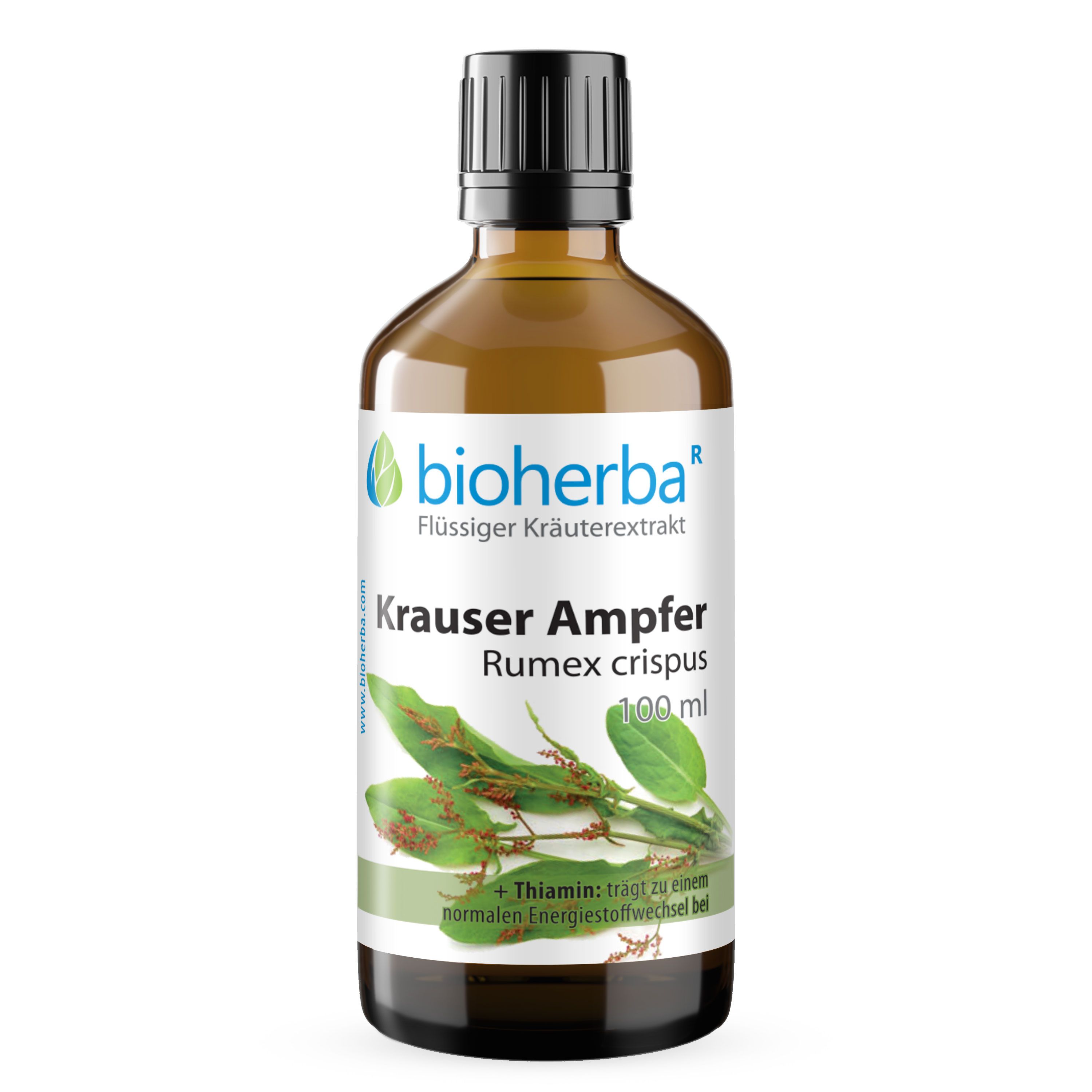 Etikett mit Produktname, Kräuterabbildung und Text. Marke: bioherba. Enthält Krauser Ampfer. 100 ml. Text in deutscher Sprache.