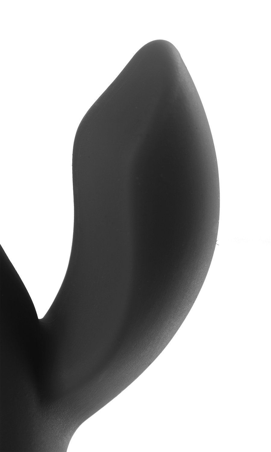 Nahaufnahme eines schwarzen Silikon-Vibrators. Die Form ist geschwungen und abgerundet.