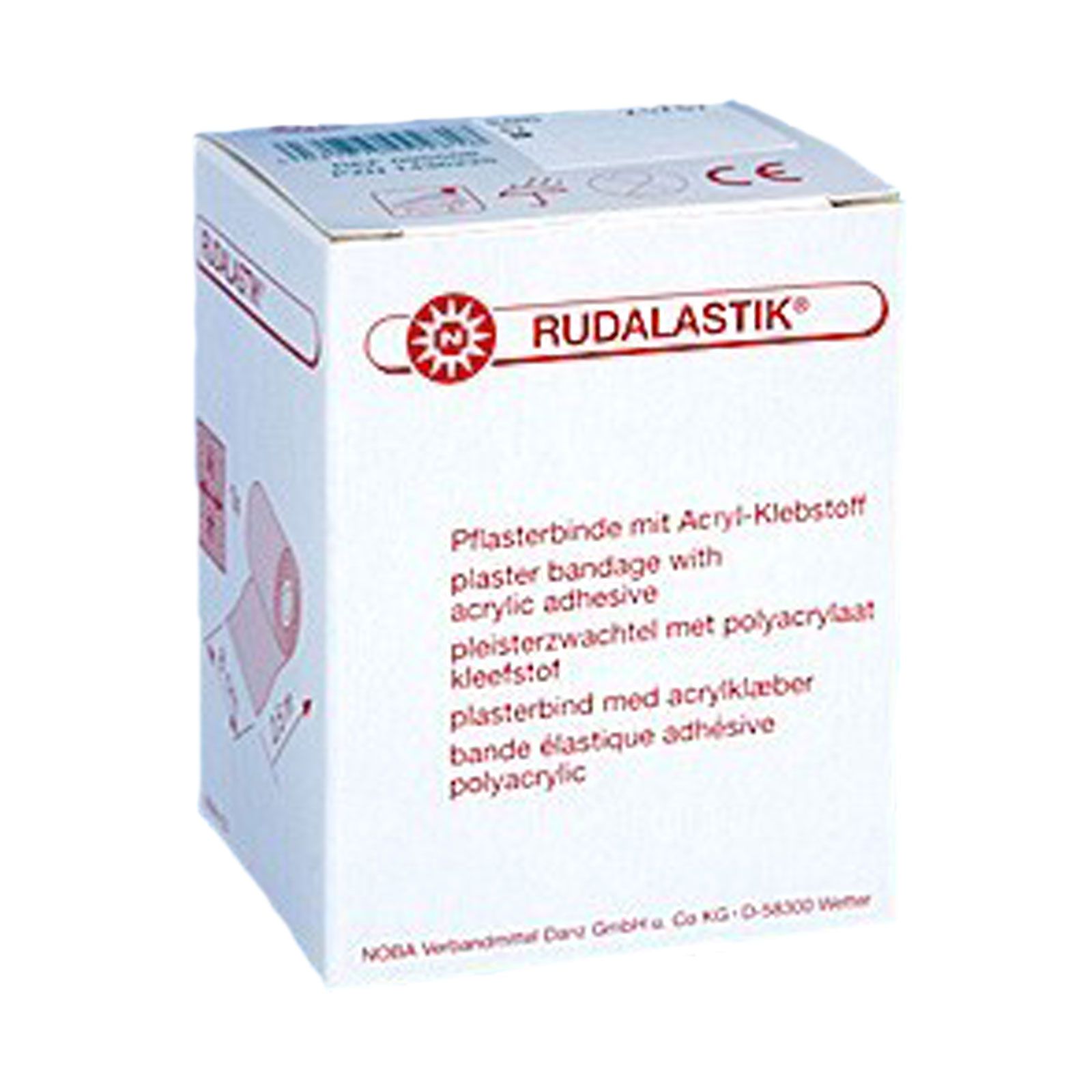 Verpackung der Rudalastik Pflasterbinde. Weißer Karton mit roter Schrift und Produktabbildung. Text: Pflasterbinde mit Acryl-Klebstoff.