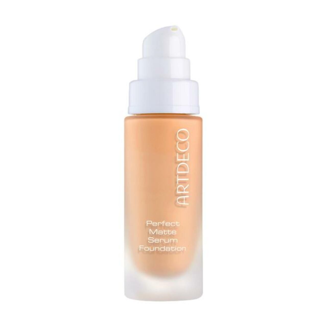 Artdeco Perfect Matte Serum Foundation. Flasche mit Pumpe. Beige Flüssigkeit. Schriftzug Artdeco und Produktname.
