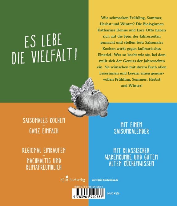 Buchrückseite: Titel "Es lebe die Vielfalt!". Text, Illustrationen von Gemüse und Kürbis, farbige Quadrate.