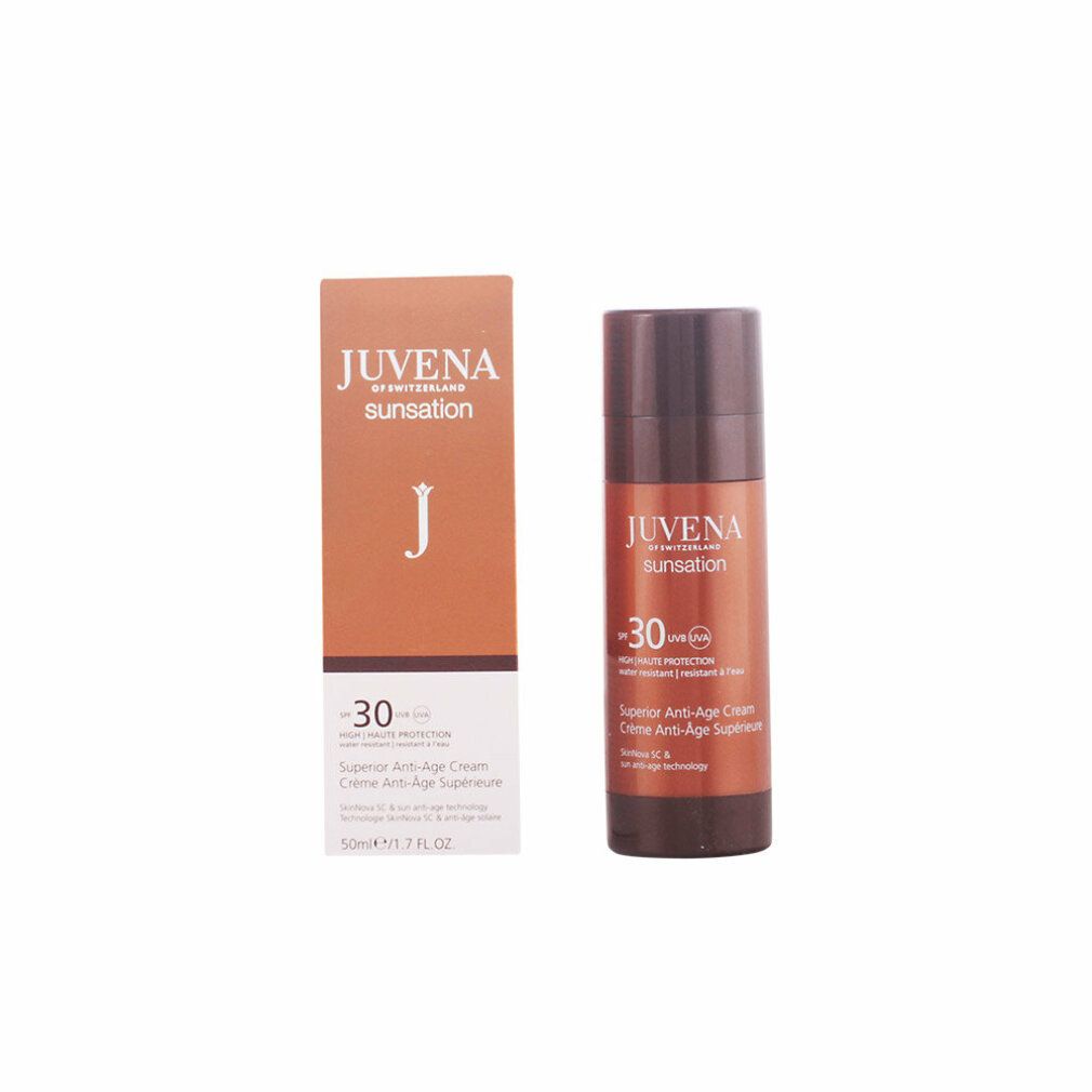 Braune Verpackung und Flasche. Aufschrift: Juvena Sunsation Superior Anti-Age Cream SPF30. 50ml.